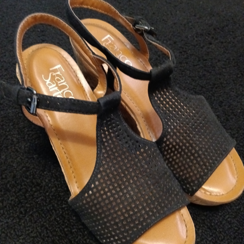 Franco Sarto Clinton II black suede cork peep toe wedge sandals women's size 7.5